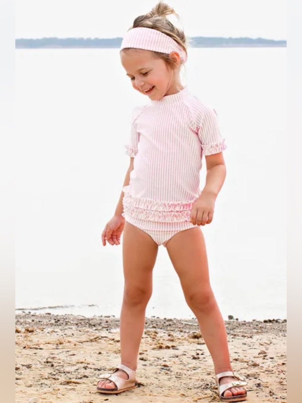 RUFFLE BUTTS Seersucker 2 Piece Short Sleeve Rashguard Swimsuit - 3T